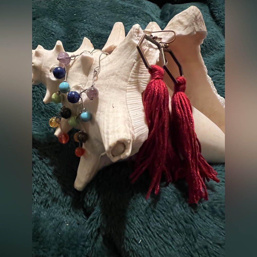 2 Pair Lot of Boho Earrings- Multi Semi Precious Beads & Burgundy Yarn Tassels
